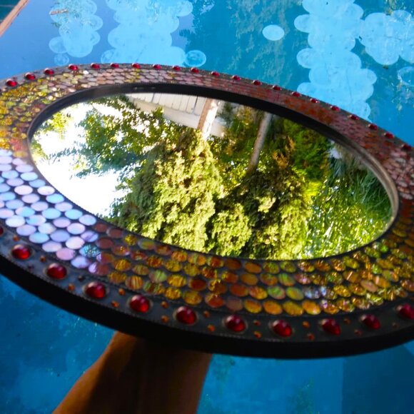 Stunning Round Red/Orange Glass Domes/Dots Mosaic Inlay Handcrafted Wall Mirror - Picture 5 of 16